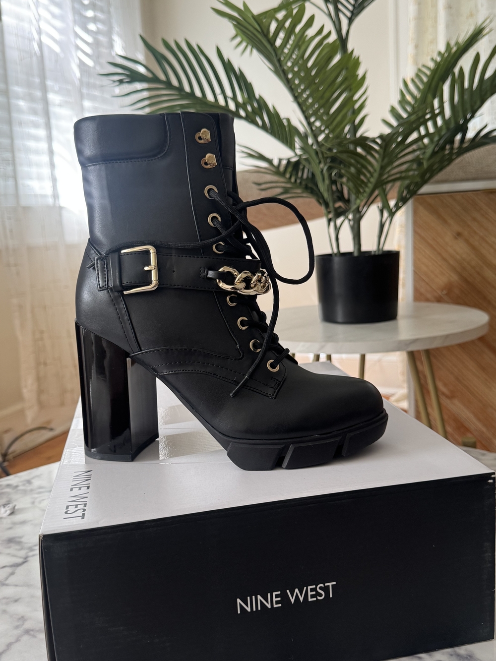 Nine West Black Lace-Up Chunky Heel Ankle Boots with Gold Accents